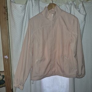 Orvis Light Peach and White Striped Side Zip Pockets Bomber Jacket Size Medium
